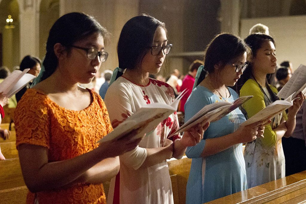 girls worship in great upper church during pilgrimage