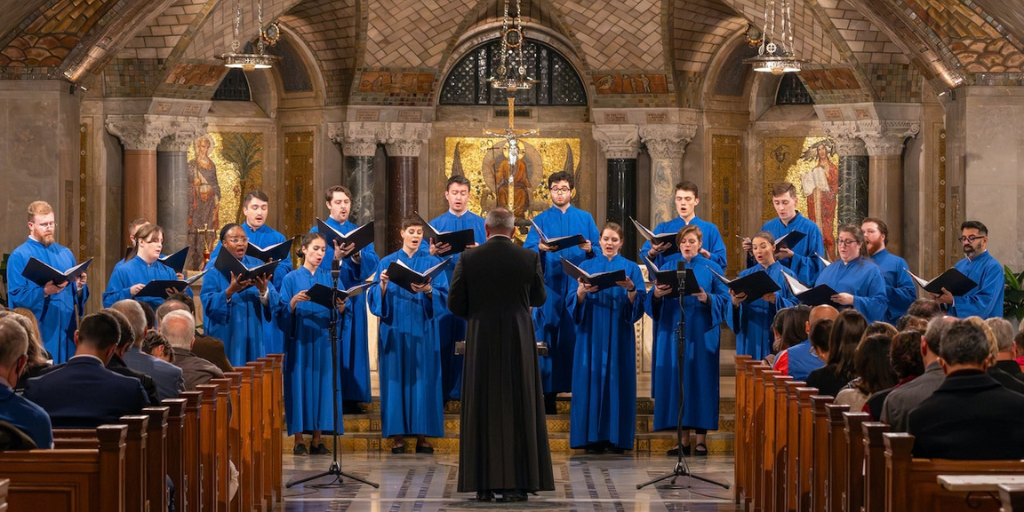 Choir sings in the Crypt Church of the Basilica.