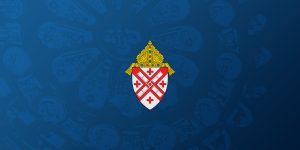 The Archdiocese of New York Coat of Arms atop a blue overlay