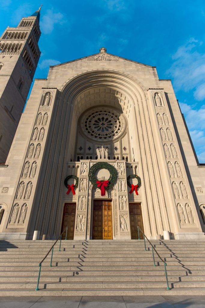 Basilica entrance door with Christmas wreaths 2