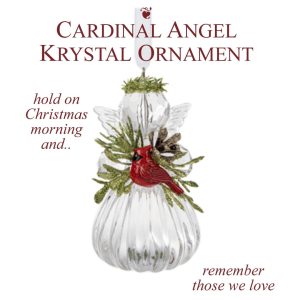Crystal angel ornament holding a cardinal.
