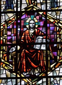 Stained glass showing Christ as teacher in the Great Upper Church