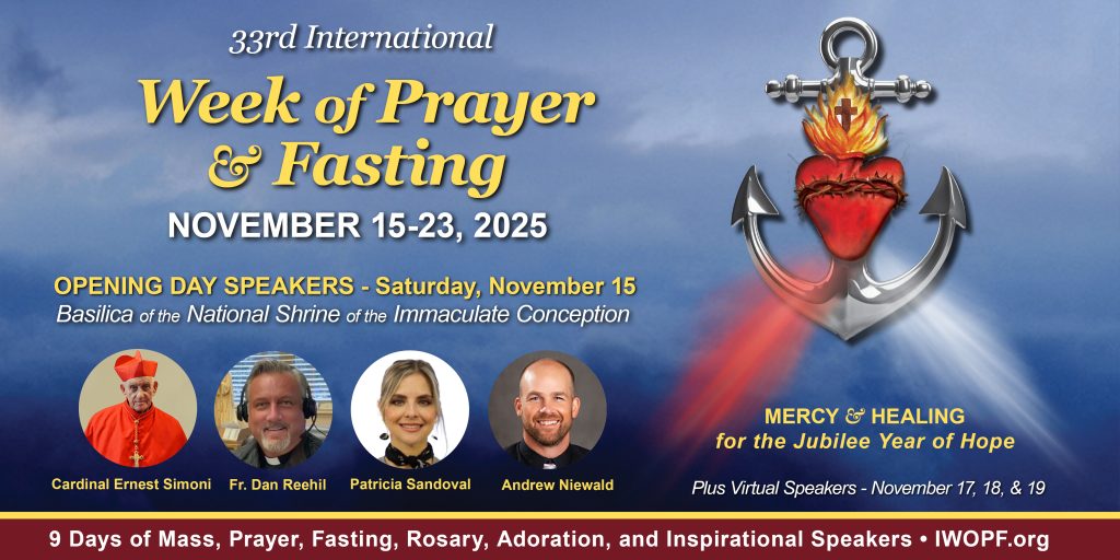A cloudy sky with 4 headshots of speakers for the International Day of Prayer and Fasting event 2025
