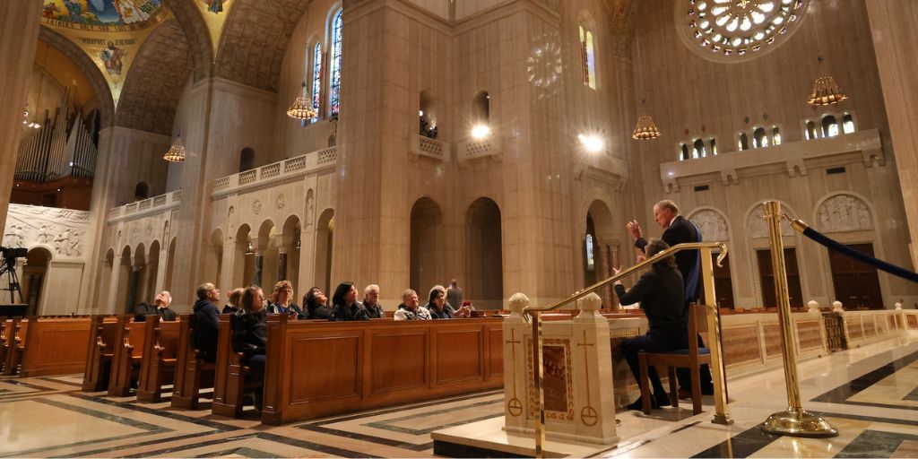 Deaf visitors participate in a special tour with an ASL interpreter at the Basilica