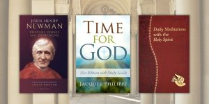 3 Books overlaid on an exterior shot of the Basilica