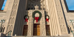 Exterior of the Shrine with Christmas Wreaths Banner