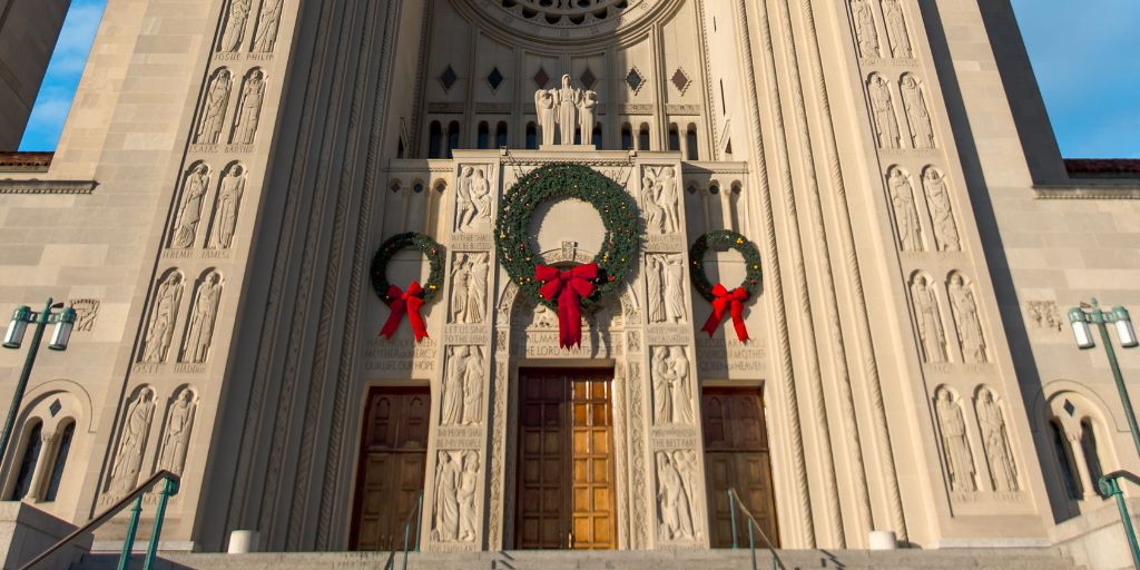 Exterior of the Shrine with Christmas Wreaths Banner