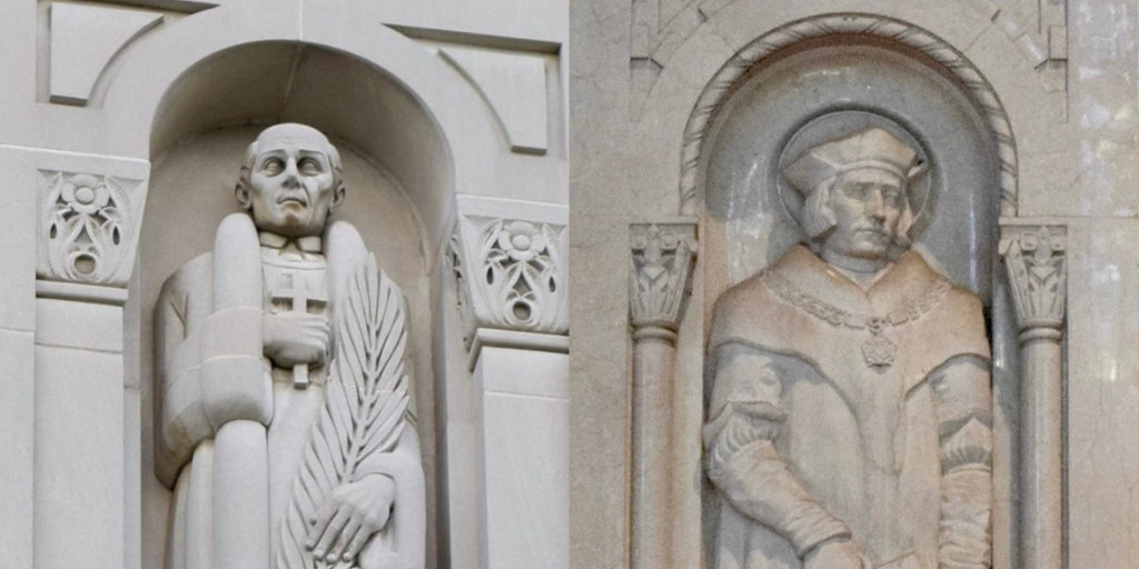 two saints portrayed in marble at the National Shrine