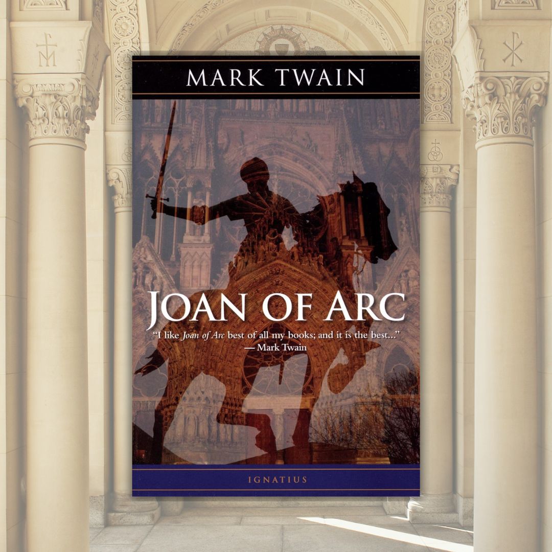Joan of Arc by Mark Twain Book Cover overlaid atop an exterior shot of the Basilica