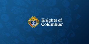Knights of Columbus Logo atop a blue-gradient image of the Rose window
