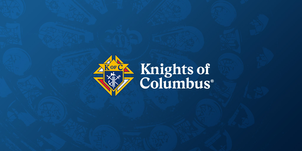 Knights of Columbus Logo atop a blue-gradient image of the Rose window