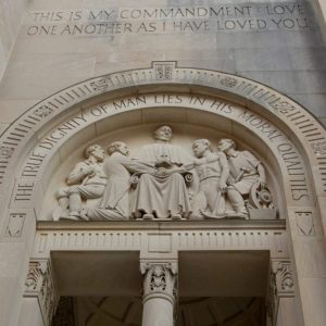 The West Portico of the Basilica honors Pope Leo XIII and his respect for the dignity of all human beings