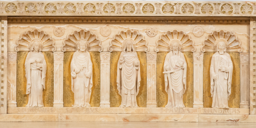 Jesus and several apostles portrayed in sculpture on the Mary Memorial Altar