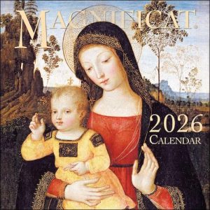 Wall calendar depicting Mary and the saints in classical art.