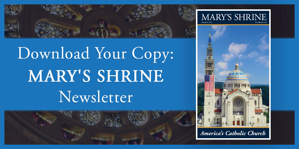 the cover of the Mary'S Shrine newsletter atop a gray and blue background