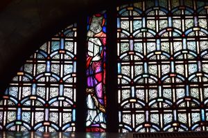 Moses portrayed in stained glass in the Crypt Church