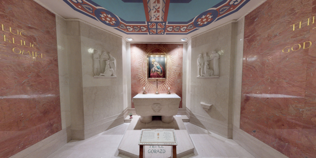 Pink and white marble walls in the Our Lady of Brezje Chapel in the National Shrine of the Immaculate Conception, Washington, D.C.