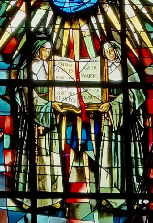 A stained glass window portrays Catherine McAuley