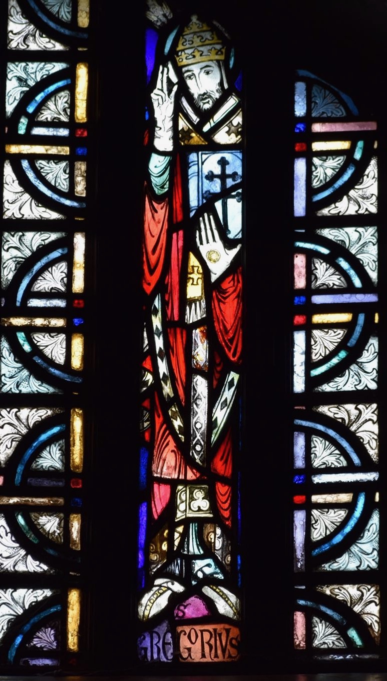 Pope Gregory the Great portrayed in a lunette window