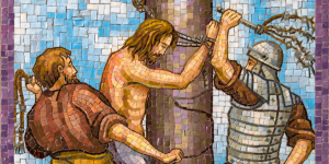 A mosaic of the scourging of Jesus
