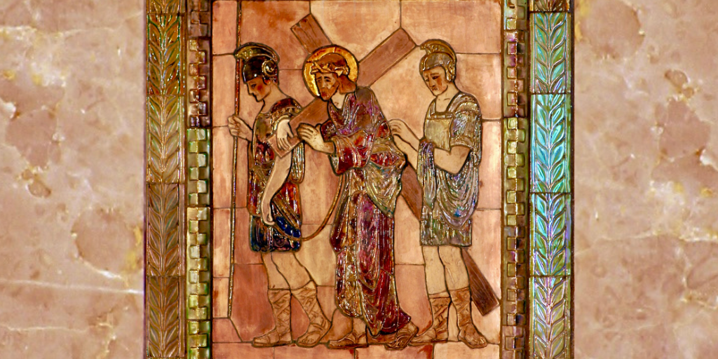 Jesus carrying the cross depicted in pewabic tile