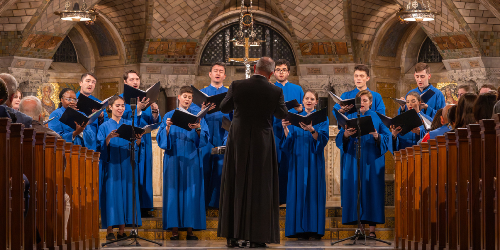 A choir sings in a church