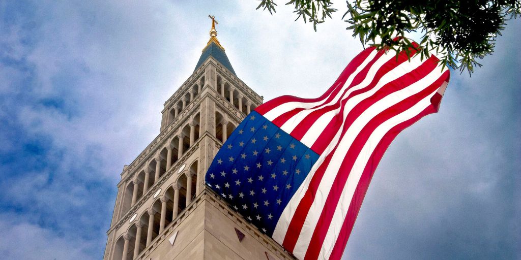 The Knights Tower with the American Flag_banner
