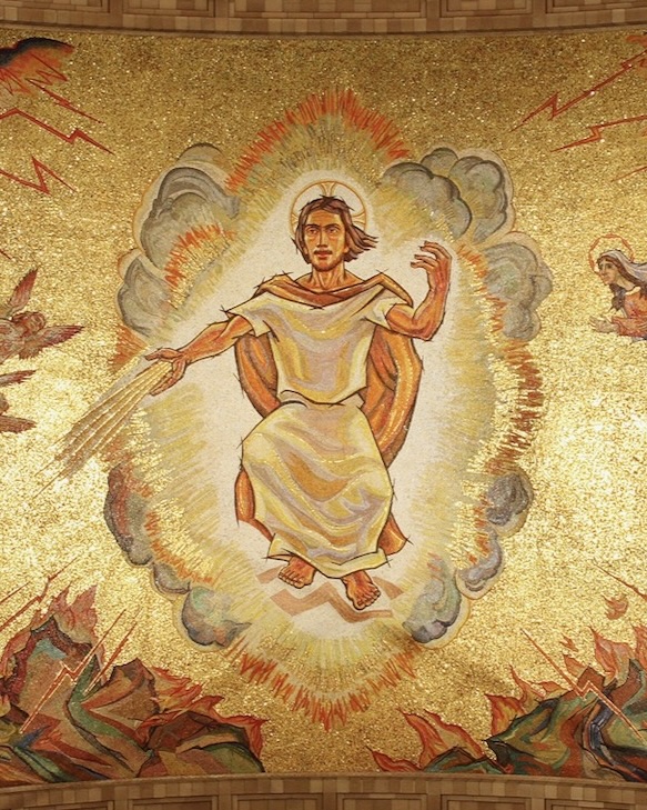 A shimmering golden mosaic of Jesus returning in the clouds
