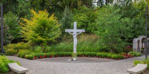 Jesus' Crucifixion portrayed in the Rosary Garden