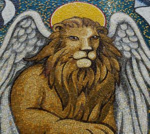 Detail of the lion in the Trinity Dome mosaic during assembly